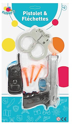 FLYPOP'S - Set de Policía - Accesorios de Disfraz - 184211 - Negro - Plástico - Policía - Juguete Infantil - Carnaval - Disfraz - Pistola - Esposas - 21 cm x 38,5 cm - A Partir de 3 años.