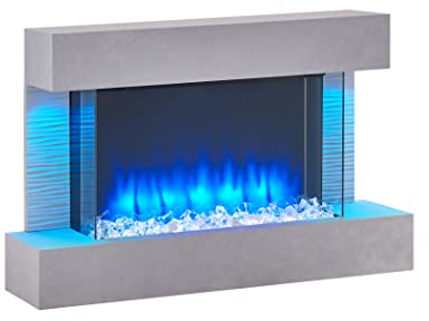 BALDERIA Aieda Elektrokamin - Elektrischer Wandkamin mit Heizung 1000/2000 W, realistischer 3D-Flammeneffekt, LED-Beleuchtung, Fernbedienung programmierbar, Timer, Thermostat - Betongrau