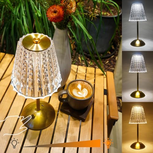 Amingulry Cordless Rechargeable Metal Table Lamp, Crystal Shade, Gold | 4000mAh Battery Operated, 3 Color Modes, Dimmable LED Touch Beside Ambient Light, Portable for Bedroom Restaurant Outdoor