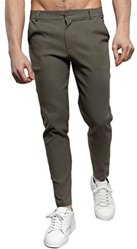 Osheoiso Pantalones Chino Hombre Deporte Elásticos Largos Pants con Bolsillos Slim Fit Ajustados Pantalone Vintage Skinny Cargo Trouser de Hombres Verano B Ejercito Verde L