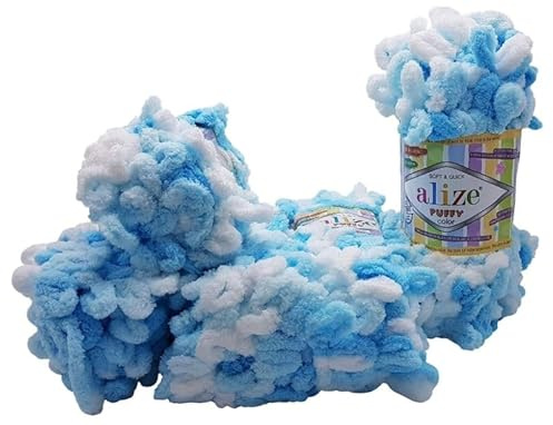 5 x 100 Gramm Strickwolle Alize Puffy Color, 500 Gramm Fingerstrick - Wolle mehrfarbig super bulky, Schlaufenwolle, Stricken ohne Nadel (blau weiss 5924)