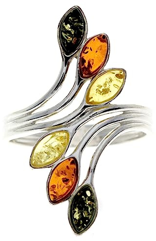 SilverAmber Jewellery - Anillo de Plata de Ley 925 y Ámbar Báltico con Varias Piedras, Diseño de Plata de ley 925 y Ámbar Báltico, Multipiedra - M464, Pequeño, Piedra preciosa, Ámbar