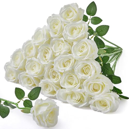 Serwalin 20pcs Velvet künstliche Seidenrosen, realistische Rosen mit langem Stiel, gefälschte Rosen Real Touch Bouquet für Home Decor, Hochzeit, Tisch Centrepiece und Weihnachten Tag