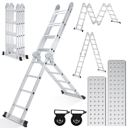 Ikodm 4.7M 4x4 Stufen Aluminium Mehrzweckleiter, Multifunktionsleiter mit plattform, Leiter mit 2 Gerüstplatten, Trittleiter bis 150 kg, Mehrzweckleiter, Klappleiter 16 Stufen, Silber