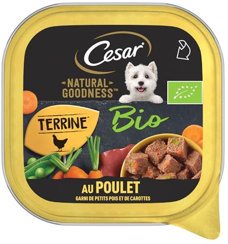 Cesar Barquettes Natural Goodness Bio Terrine – Nourriture Humide pour Chien – au Poulet Garni de Petits Pois et de Carottes – Lot de 16 barquettes x 100 g