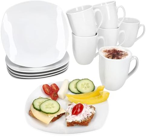 MamboCat Lotta Service de petit-déjeuner 12 pièces I Vaisselle en porcelaine blanche pour le petit-déjeuner et le café I 6 assiettes et 6 tasses à café de 300 ml, hauteur 10,5 cm pour 6 personnes