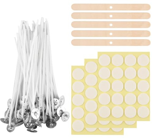 Kerzendochte Set, 100 STK Kerzendochte für Kerzen Selber Machen Set, 15cm Natürlichen Kerzendochten mit Dochthalter Holz und Doppelseitige Docht Aufkleber, für Kerzenherstellung