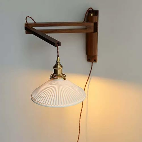 AoLa Holz Wandlampe E27 Innen Schwenkarm Wandleuchte mit Schalter und Stecker vintage Industriell Nachttischlampe mit Kabel Einstellbar Langer Arm, Keramik Lampenschirm Leselampe