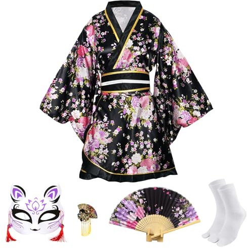 CRFASIBE 5 Pezzi Donna Kimono Corto, Tradizionali Giapponesi Yukata Stile con Stampa Floreale, Costume Set Completo con Accessori per Carnevale, Cosplay (Nero)