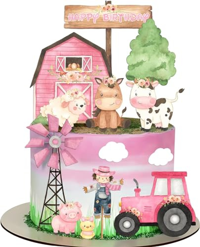 Compleanno Fattoria,Topper Cupcake Fattoria,Decorazione per Torta con Animali della fattoria,Decorazione per Cupcake e Topper per Feste di Compleanno per Bambini (Rosa)
