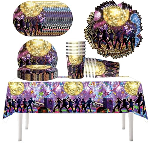 61 pièces de vaisselle de fête disco, fête sur le thème de la discothèque, comprend des tasses, des serviettes, des assiettes et des nappes ; Parfait pour les fêtes