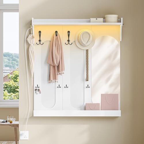 Hzuaneri Wandgarderobe mit Spiegel, Garderobenhaken mit 10 Haken, Garderobenleiste, Flurgarderobe für Flur, Ankleidezimmer, Schlafzimmer, 92 x 20 x 100,5 cm, Weiß LR60203X