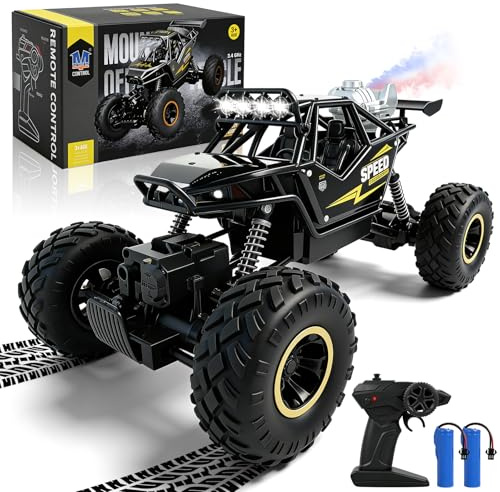 HERMORRYSS Voiture Télécommandée Tout Terrain, 1:14 2.4 GHz Voiture Radiocommandée, 4WD Monster Truck RC avec Pulvérisation et Eclairage, Buggy Jouet, Extérieur Intérieur Cadeau Enfant 3+ Ans (Noir)