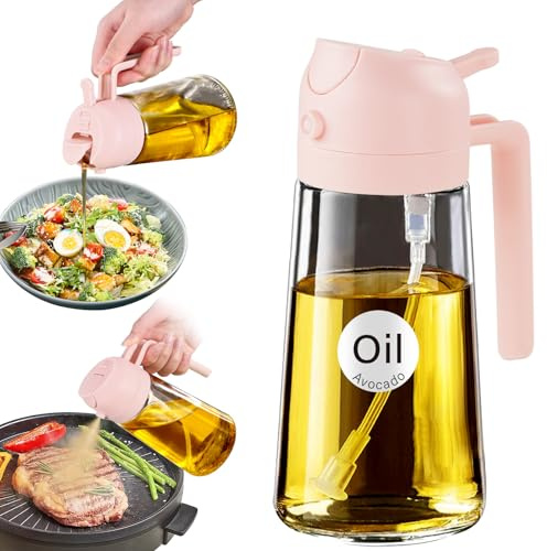 YARRAMATE 16oz/470ml Glass Olive Oil Sprayer for Cooking with Stickers, 2 in 1 Oil Dispenser for Kitchen Gadgets, Food Grade Premium Spray Bottle for Salad, Frying, BBQ (PeachPink)