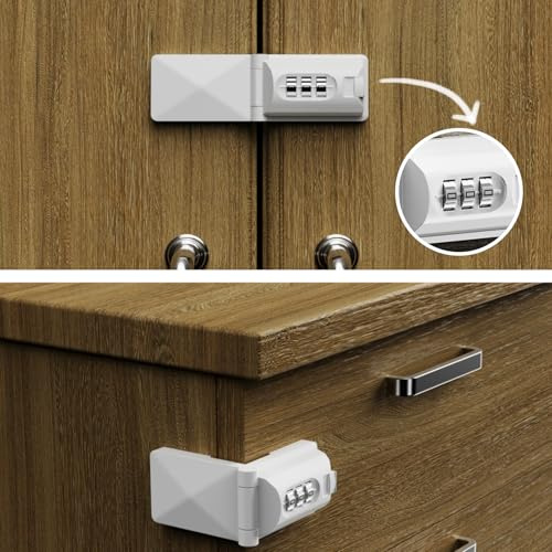 2 Pack Drawer Locks Baby Proofing Keyless Password Code Dresser Child Proof Locks Cabinet Combination Owners Closet Baby Safety Lock Latches for Bedstand Furniture Corner Edges (2, White)