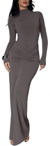 Sukiglam Vestido Ajustado de Mujer Manga Larga Cuello Alto Elegante Vestidos Largo con Fruncido Sexy Vestidos Elástico Casual Bodycon Dress Color Sólido Maxi Vestido de Fiesta Cóctel Boda Streetwear