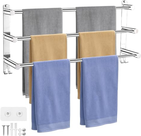 Mocifa Toallero Pared Acero Inoxidable Extensible Toallero Baño 3 Niveles Retráctil 43-76 cm con Ganchos y Tornillos Colgador Toallas Pared para Baño Cocina Inodoro Hotel (Plata)
