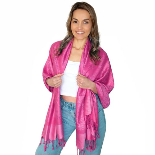 Silver Fever Women's Shawl Vintage Jacquard Paisley Pashmina Special Occasion Wrap Evening Scarf Double Sided Stole (Fuchsia/Pink)