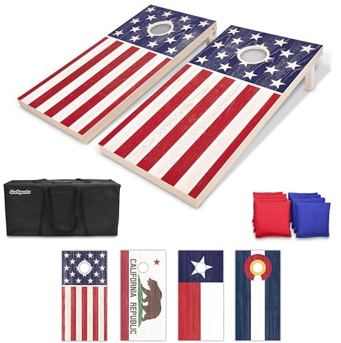 GoSports - Juego de Cornhole de Madera Maciza de tamaño reglamentario, diseño de Bandera Estadounidense, Incluye Dos Tablas de 1,2 x 0,6 m, 8 Bolsas de Frijoles (pufs), Funda de Transporte y Reglas