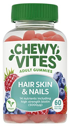 Chewy Vites Adult Hair Skin and Nails, 60 Biotin Gummies, High-Strength Biotin 5000mcg, 2 Months Supply, Real Fruit Juice, Vegan, Blueberry and Raspberry Flavour