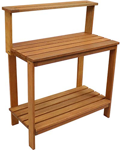 Sunnydaze 42-Inch Meranti Wood Outdoor Potting Bench with Storage Shelf - Teak Oil Finish