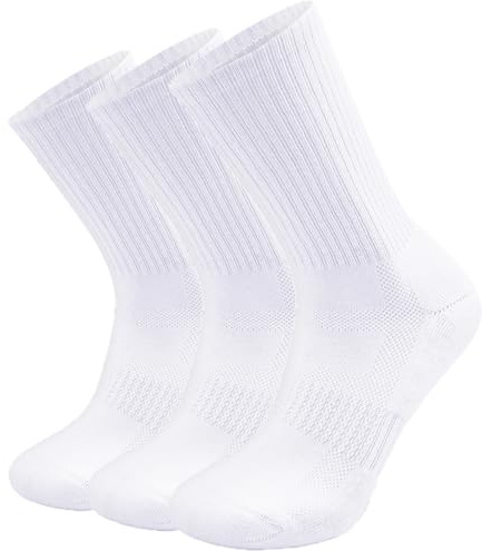 SOX TOWN Unisex Cushioned Crew Training Athletic Socks Men & Women with Combed Cotton Moisture Wicking Breathable Performance(White L 3P)