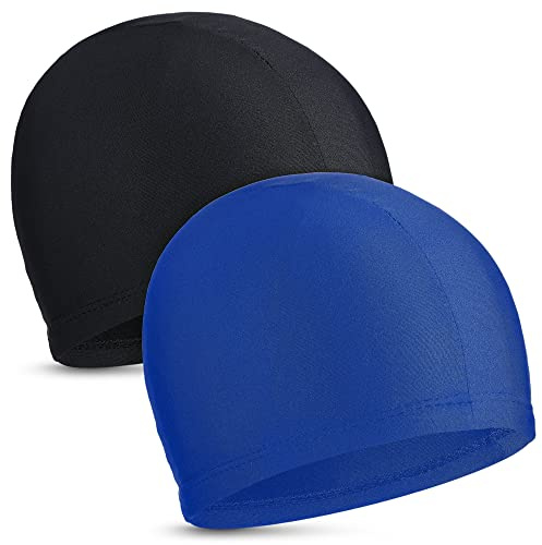 2 Pieces Fabric Swimming Cap Comfortable Elastic Material Swimming Hat Lightweight Bathing Caps for Women Men(Black, Royal Blue)