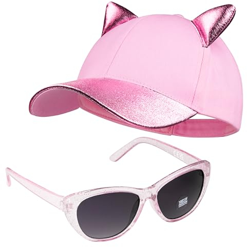 CityComfort Baseball Cap Kinder, 2er Set Snapback Cap mit Ohren und Sonnenbrille Kinder Sonnenschutz - Geschenke für Mädchen (Rosa)