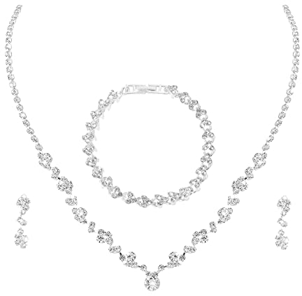 Yolev Brautschmuck Set Silber - Hochzeitsschmuck Strass Kristall Halskette Armband Anhänger Ohrring Set - Prom Kostüm Schmuckset für Braut Party