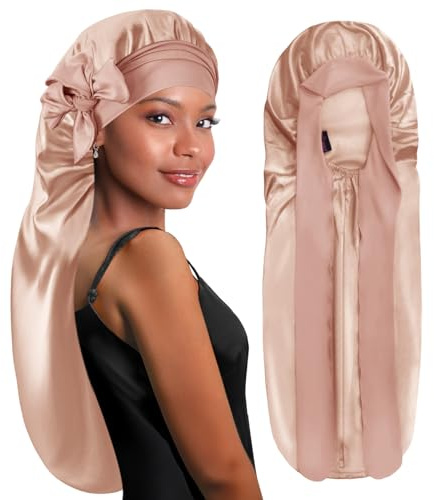 BONNET QUEEN Bonnet Satin Cheveux Longs Nuit Extra Long Bonnet Nuit Anti-Glisse avec Long Bandeau Réglable, Protection Anti-Frisottis pour Cheveux Très Longs, Tresses, Locks & Extensions,Champagne
