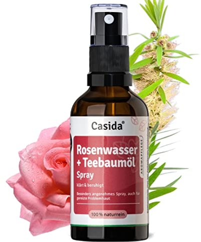Casida® Rosenwasser + Teebaumöl Spray - Rose Teebaum Hydrolat - Rosenblütenwasser mit naturreinem ätherischen Teebaumöl - Klärend & beruhigend bei unreiner Haut & Akne | Rose Teebaum Hydrolat - 50 ml