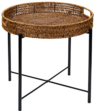 DINGTAI Geflochtener runder Beistelltisch 48 x H50 cm, Couchtisch mit abnehmbarem Tablett, Sofa-Beistelltisch mit verstellbaren Füßen