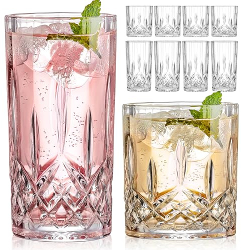 Qipecedm Drinking Glasses, 8 Piece Crystal Glass Cups, Mixed Glassware Set, 4 pcs Crystal Old Fashioned 11oz Highballs and 4 pcs 11oz Whiskey Glasses, Great for Cocktail, Whisky and other Beverages