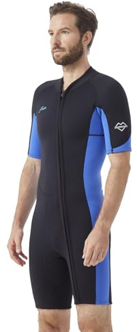 Hevto Shorty Wetsuits Men 2mm Neoprene Short Wet Suit Front Zip for Surfing Diving Kayaking Swimming Paddleboard(M1S-Blue, L)