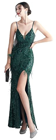 Abito da Sera con Bretelle con Paillettes Abito Senza Schienale con Spacco di Piume a V Profondo Abito Lungo con Temperamento a Sirena for Banchetti (Color : Green, Size : S)