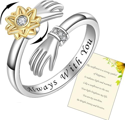 925 Sterling Silver Hug Rings for Women - I Love You Forever, Mother, Sister Gifts - Engraved Words, Hugging Hands, Open Ring - Friendship Jewelry (Sunflower-Always with you)