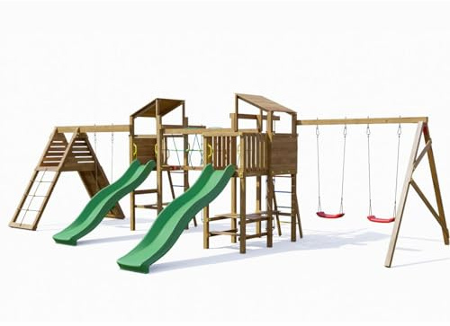 Parco Giochi in legno Playland BigFun TGG Play Con 3 Altalene, 2 Scivoli, Sabbiera, Arrampicata, Tavolo Picnic