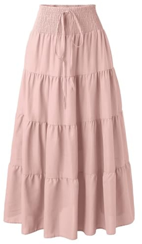 Adigaber Women 2in 1 Skirts High Waist Maxi Skirts Ruffles A Line Long Length Skirts with Drawsting Pink