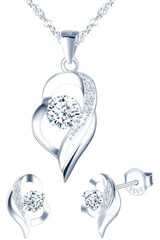 MICMIF Conjunto joyas de plata con circonita, collar corazón para mujer con colgante y cadena 45cm, pendientes corazón para niña, plata de ley 925 juegos de joyas para novia mamá fiesta