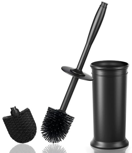HiWODO Black Silicone Toilet Brush with Holder,Toilet Brushes & Holders Includes 2 Quick Drying Loo Brush Heads,Deep Hygienic Toilet Cleaner Brush Set with Long Rubber Handle for Bathroom Cleaning