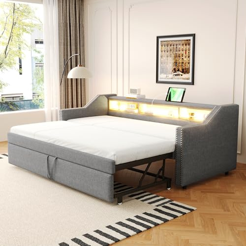 Merax Sofá cama extensible 90/180 x 190 cm, sofá plegable con luz LED y USB hembra, sofá cama de 2 plazas con función de dormir, tela de lino, gris (sin colchón)