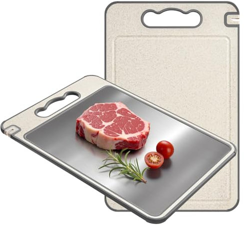 Luvan Cutting Board for Kitchen Double Sided 304 Stainless Steel & Food-Grade PP 14.4’’×9.9’’ Chopping Board for Meat & Vegetables with Juice Groove Sharpening Stone Non Slip Edges