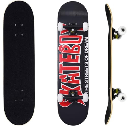 ERNAN Komplett skateboard för nybörjare, 81 x 20 cm dubbel sparkskateboard för barn, tonåringar och vuxna. med Skate T-verktyg. (Svart röd)