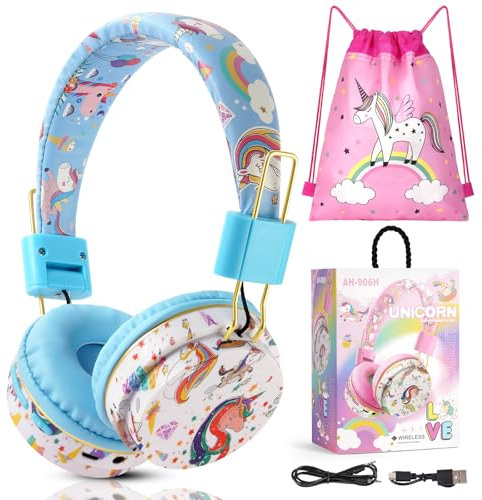AXFEE Auriculares Inalámbricos, Auriculares Inalámbricos para Niños, Cascos Infantiles Bluetooth con Micrófono, Ajustables, Compatible con iPad/Fire Tablet, Regalo de Cumpleaños/Navidad (Azul)