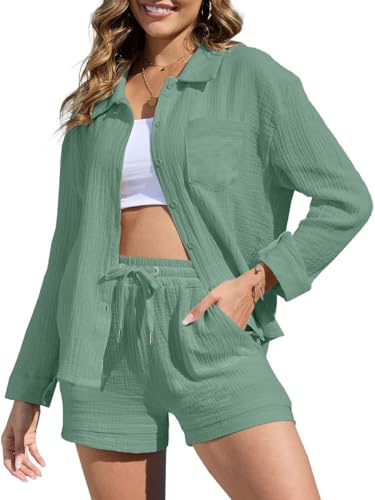 Yutdeng Conjuntos Mujer Verano Dos Piezas Pantalon y Blusa Elegante Conjunto Lino Mujer Manga Larga Casual Pantalones Cortos Traje 2 Piezas Conjunto de Verano Ropa de Playa Chandal,Verde Claro,M