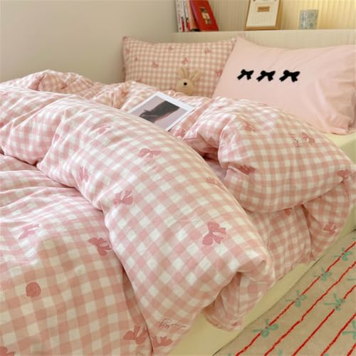 ZBOOM - Ropa de cama 140 x 200 cm, 2 piezas, a cuadros rosa con lazos, juego de ropa de cama para niños, microfibra, reversible, color rosa y blanco, funda nórdica con cremallera y funda de almohada