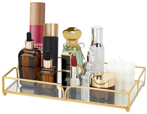 Dekorativ bricka, SLHEQING retro stor spegelbricka, rektangulär badrum bricka glas kosmetika arrangör guld vanity makeup arrangör för sminkbord matbord badrum sovrum