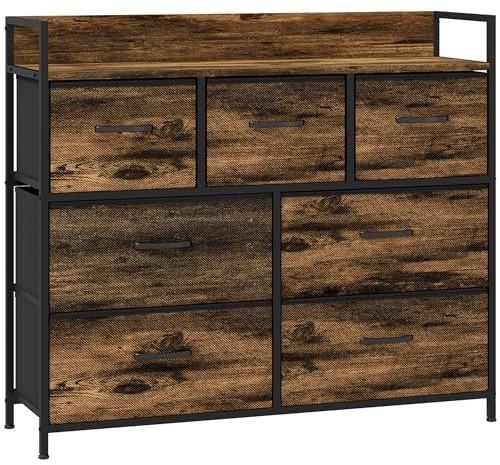 HOMCOM Commode 7 tiroirs Meuble de Rangement tiroir en Tissu Pliant - Structure Acier Noir - 98 x 29 x 85 cm, Chambre, entrée, Salon, Noir et Brun Rustique