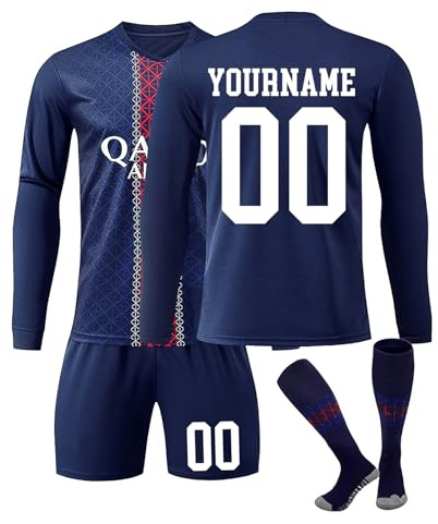 Maillot de Foot Manches Longues Personnalisé Enfant Homme avec Nom et Numéro, Ensemble Foot Comprend Maillot Short et Chaussettes Convient Garçons et Adultes