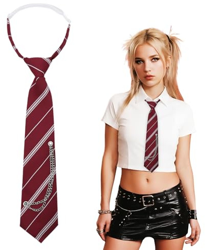 Gsyziux Striped Ties for Women Kids, Pre-tied Womens Tie with Metal Chain Womens Neckties for School Uniform Band Party (Wine Red White Striped)